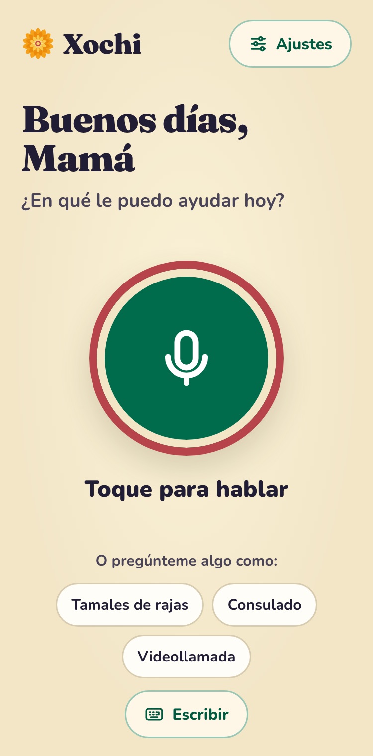 Pantalla de inicio de Xochi: dice «Buenos días, Mamá» y tiene un botón verde grande con un micrófono.